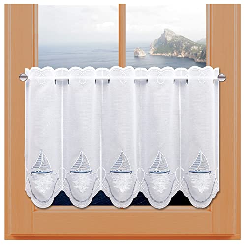 kollektion MT Maritime Scheibengardine Ostsee mit Segelboot Vogtländischer Spitze bestickter Scheibenhänger mit Schiffen Badgardine 45 x 64 cm von kollektion MT