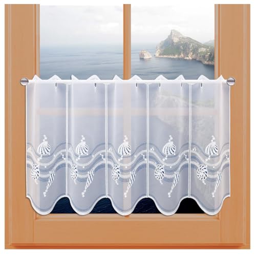 kollektion MT Scheibengardine Meereshauch Vogtländische Spitze - Maritime Badgardine mit Muscheln in weiß-blau - moderner Scheibenhänger mit edler Stickerei | Kurzgardine Höhe x Breite 40 x 64 cm kollektion MT Scheibengardine Meereshauch Vogtländische Spitze - Maritime Badgardine mit Muscheln in weiß-blau - moderner Scheibenhänger mit edler Stickerei | Kurzgardine Höhe x Breite 40 x 64 cm von kollektion MT
