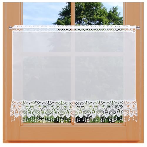 Scheibengardine Nala mit Perlenschnur-Fransen Scheibenhänger aus Vogtländischer Spitze weiß | Kurzstore mit modernem geometrischen Muster | Kurzgardine klassisch-zeitlos | Höhe x Breite 60 x 64 cm Scheibengardine Nala mit Perlenschnur-Fransen Scheibenhänger aus Vogtländischer Spitze weiß | Kurzstore mit modernem geometrischen Muster | Kurzgardine klassisch-zeitlos | Höhe x Breite 60 x 64 cm von kollektion MT
