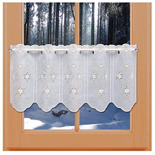 kollektion MT Scheibengardine Sterne mit Herzen in Weiß-Gold Scheibenhänger aus Vogtländischer Spitze mit Lochstickerei 30 x 64 cm kollektion MT Scheibengardine Sterne mit Herzen in Weiß-Gold Scheibenhänger aus Vogtländischer Spitze mit Lochstickerei 30 x 64 cm von kollektion MT