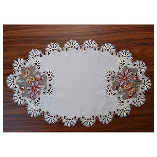 kollektion MT Spitzendeckchen Magda mit besticktem Schmetterlings-Einsatz in rot aus Organza und echter Vogtländischer Spitze oval 63 x 38 cm von kollektion MT