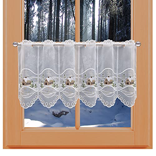 kollektion MT Winter-Scheibengardine Haus im Schnee mit Tannen aus Vogtländischer Spitze Scheibenhänger mit Lurex-Stickerei 41 cm hoch von kollektion MT