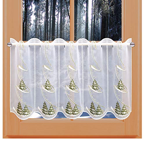Winter-Scheibengardine Wintertannen Tannenbäume mit goldenen Details aus echter Plauener Spitze Adventsdeko in weiß-grün-Gold von kollektion MT