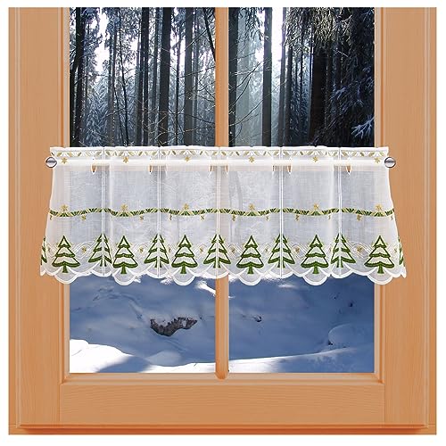 kollektion MT Winterliche Scheibengardine Tannenbaum mit Sternen Vogtländischer Spitze Scheibenhänger Advent grün-Gold 25 x 80 cm von kollektion MT