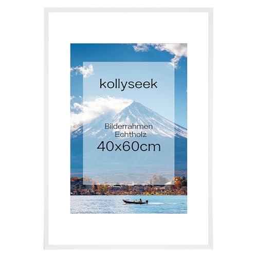 kollyseek Bilderrahmen 40x60cm Echtholz mit Passepartout Holz Rahmen mit Plexiglas Kieferholz Fotorahmen mit Bruchsicherem plexiglas platten bilderrahmen Schwarz Weiss zimmer deko(weiss) von kollyseek