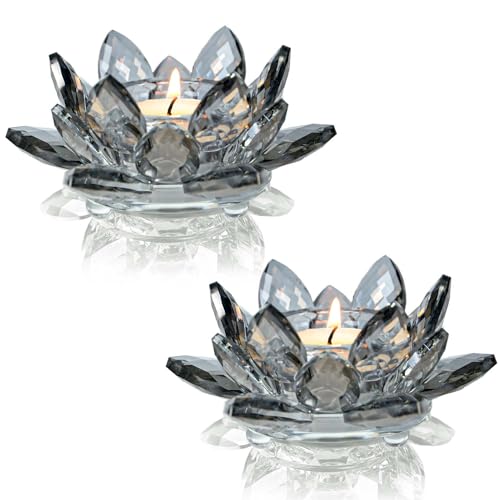 Lotus Kerzenständer aus schwarzem Kristall, 2-teiliges Teelichtkerzen-Set, Votivkerzenhalter aus schwarzem Glas für Tischplatte, Esstisch, Dekoration, idealer Kerzenhalter für Hochzeit, Valentinstag, von kolnlala