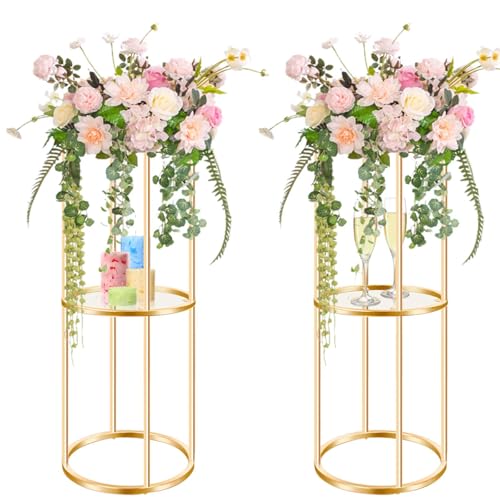 kolnlala Blumenständer-Set, 2-stöckig, zylinderförmig, Metall, Acryl, Regal für Hochzeit, Vasen, Geburtstag, Hochzeit, Hintergrunddekorationen (Gold, 2 Stück, 64 cm) von kolnlala