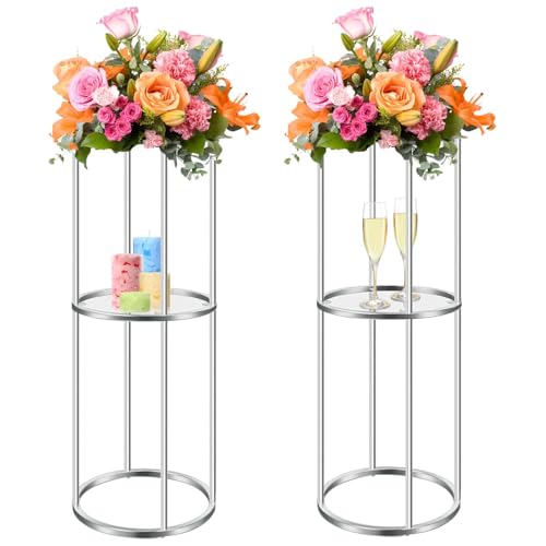 kolnlala Blumenständer-Set, 2-stöckig, zylinderförmig, Metall, Acryl, Regal für Hochzeit, Vasen, Geburtstag, Hochzeit, Hintergrunddekorationen (Silber, 2 Stück, 64 cm) von kolnlala