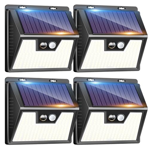 kolpop Solarlampen für Außen mit Bewegungsmelder, 4 Stück 3 Modi 180°Solarleuchten Aussenleuchte, IP65 Wasserdichte Superhelle Solarleuchten für Außen Aussen Garage Wand Hof [Energieklasse E] von kolpop