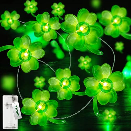 kolpop Lichterkette Batterie, 2m 20 Led Lichterkette Innen Batterie mit Timer, Vierblättrig Kleeblatt Lichterkette, Irisch Fee LED Licht für St. Patrick's Day Party Deko von kolpop