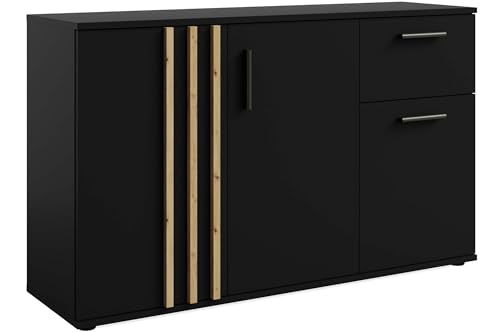 Kommode FERIO Kombikommode, Breite 120 cm, hergestellt in der EU - Modern, Matte Oberfläche, dekorative Lamellenleisten, mit Schublade (Schwarz/Eiche-Artisan) von konsimo