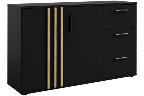 Kommode FERIO Kombikommode, Schubladenkommode, hergestellt in der EU - Breite 120 cm, Modern, Matte Oberfläche, dekorative Lamellenleisten (Schwarz/Eiche-Artisan) von konsimo