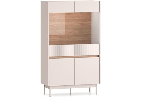 konsimo Glasvitrine NALIA Vitrinenschrank, Standvitrine, hergestellt in der EU - (kaschmirfarben) Metallfüße 18 cm, Elegant, mit Soft-Close-Funktion, geriffelte Fronten 92x156x40 cm. von konsimo