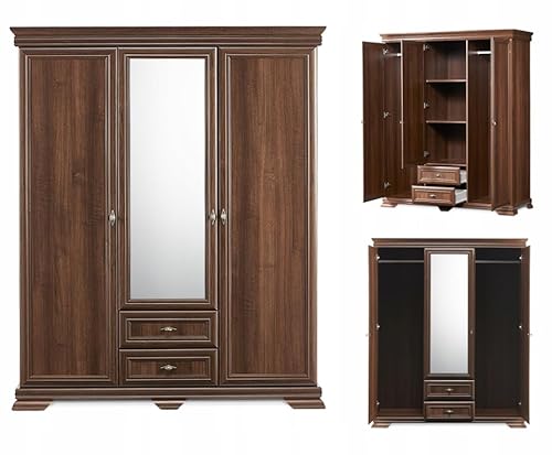 konsimo Imperio, Kleiderschrank mit Drehtüren, 3-türiger Spiegelschrank, 2 Schubladen, 3 Einlegeböden, 158x193x62 cm (walnuss) von konsimo