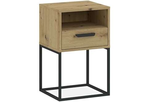 konsimo Nachttisch Rectus Nachtschrank, Modern, hergestellt in der EU, Beistelltisch (1-St), mit Schublade, Breite 40 cm, schwarzer Metallrahmen, Kunststoffgriff (Eiche/schwarz) von konsimo