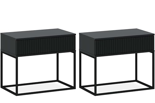 konsimo Nachttisch Rectus Nachtschrank, Modern, hergestellt in der EU, Beistelltisch - (2-St), mit Schublade, geriffelte Schubladenfront, Push-to-Open, Breite 60 cm (anthrazit/schwarz) von konsimo