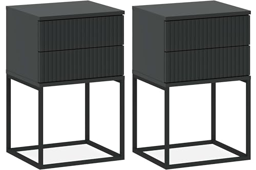 konsimo Nachttisch Rectus Nachtschrank, Modern, hergestellt in der EU, mit 2 Schubladen - (2-St), Beistelltisch, geriffelte Schubladenfront, Push-to-Open (anthrazit/schwarz) von konsimo