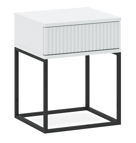 konsimo Nachttisch Rectus Nachtschrank, Modern, hergestellt in der EU,mit Schublade, geriffelte Schubladenfront, Push-to-Open (weiß/schwarz) von konsimo