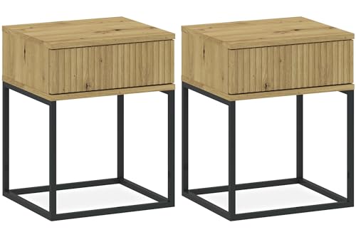 konsimo Nachttisch Rectus Nachtschrank, Modern, hergestellt in der EU - (2-St), mit Schublade, geriffelte Schubladenfront, Push-to-Open (Eiche/schwarz) von konsimo
