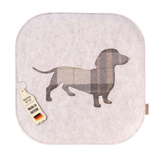 kontor28®- nachhaltiges Sitzkissen Stuhlkissen Waldi Dackel, handgefertigt Made in Germany, 37,5 x 37,5cm aus Upcycling rPET Filz, mit Polsterung-Outdoor geeignet & waschbar, beige 2er Set von kontor28