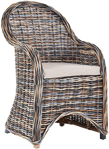 Esszimmer-Sessel Rattan Grau Rattan Korbsessel Esszimmerstuhl Korb Sessel Korbstuhl mit Armlehne Flechtsessel (Mehrfarbig, mit Polster) von Korb-Outlet