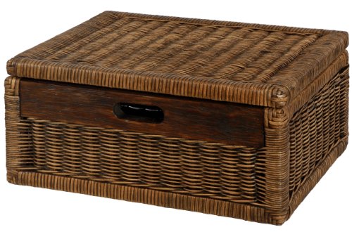 Flacher Korb mit Deckel Rattan geflochten Farbe Vintage Braun, Regalkorb, Schrankkorb von Korb-Outlet