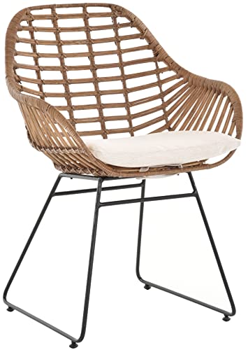 Korb-Sessel Retro-Stil Rattan Club-Sessel 50er Eisen-Gestell Korbstuhl mit Armlehne (Hell-Braun mit Kissen) von Korb-Outlet