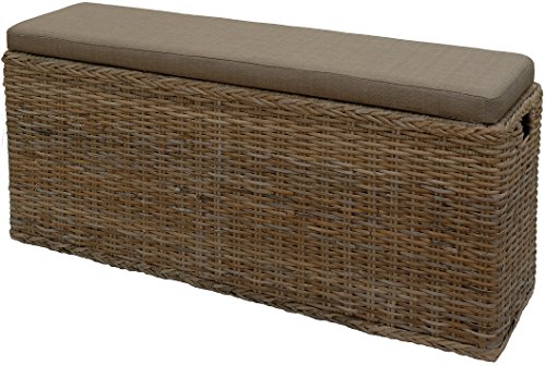 Korb-Outlet Breite schmale Sitztruhe/Sitzbank mit Wäschefach aus Natur-Rattan mit gepolstertem Sitz (Grau Natur) von Korb-Outlet