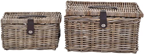 Koffer-Set / 2 Aufbewahrungskörbe mit Kunstledergriffen und Deckel aus Natur-Rattan, Grau von Korb-Outlet