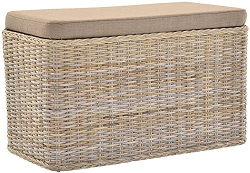 Korb-Outlet Rattan Wäschekorb Wäschetruhe Sitz gepolstert Honig, Flur-Bank Aufbewahrungsbox mit Deckel Bad-Hocker Sitzhocker Wäschesammler Sitz-Truhe Natur (Grau Natur, Rechteckig) von Korb-Outlet