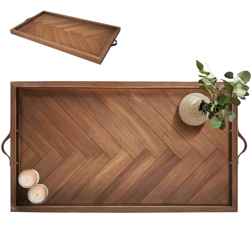 Tablett für Ottomane, 81,3 x 45,7 cm, rechteckiges Ottoman-Tablett, extra großes Holztablett mit Ledergriffen, Serviertabletts für Abendessen, Frühstück, Snacks von koretech