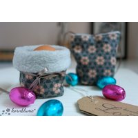 Eierbecher Eierwärmer Retro Two-In-One Utensilo Frühstückstisch Tischdeko Ostern Osterdeko Grau Rose Baumwolle Genäht Frühling Geschenk von kornblumeManufaktur