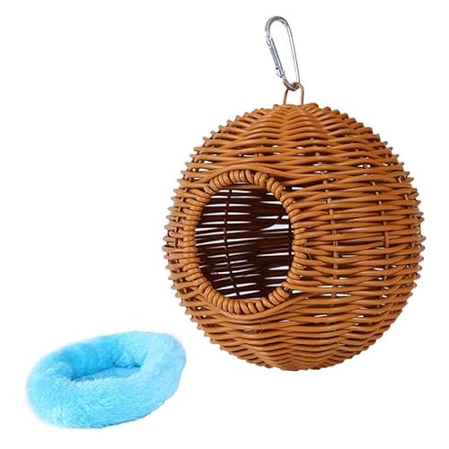 kowaku Hängendes aus Rattanimitat, handgewebte Papageienhütte, atmungsaktive Hängematte mit Kissen zur Zucht von Wellensittichen und, Einzelloch Blau von kowaku