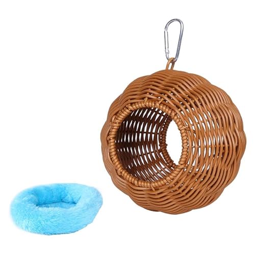 kowaku Hängendes aus Rattanimitat, handgewebte Papageienhütte, atmungsaktive Hängematte mit Kissen zur Zucht von Wellensittichen und, Zwei Löcher Blau von kowaku