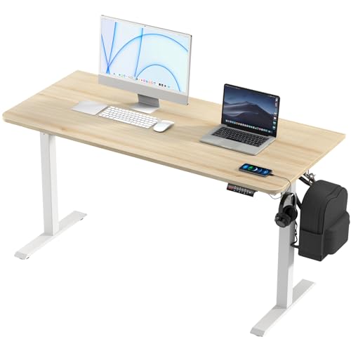 kowo 160x70cm Schreibtisch Elektrisch Höhenverstellbar mit Touchscreen, Ergonomischer Steh-Sitz Stehschreibtisch Verstellbar 73-120cm Hoch, Weiße Stahlfüße und Beige Tischplatte von KOWO