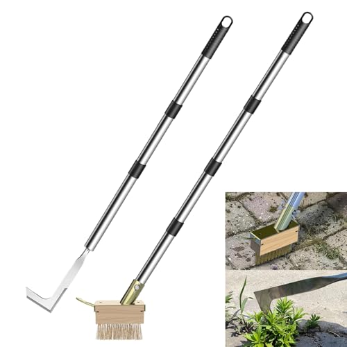 Crack Weeder Werkzeug-Set mit 2 Unkrautbürstenköpfen, manuelle Edelstahl-Fugendüse mit verstellbarem Griff zur Unkrautentfernung in Einfahrten, Pflastersteinen, Gartenrissen, Terrassen, Decks von koyata