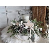 Reserviert F. Sabrina Adventskranz Einfach Kuschelig Chaletkranz in Creme Grau Weiß Silber Windlicht Kerze von kranzundco