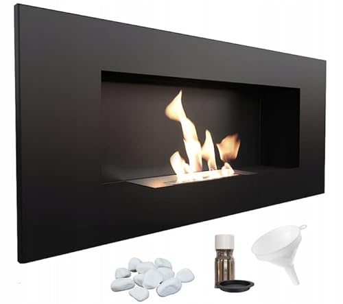 KRATKI Delta 2 Bio-Ethanol-Kamin + Kieselsteine + Trichter + Aromatherapie-Set | Wand- oder Nischeneinbau l Verglasung, Biocontainer 0,5 l, TÜV | Stahl, 40 x 90 cm, Schwarz von kratki