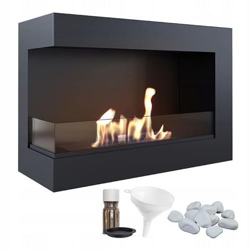 KRATKI Delta 700 Bio-Ethanol-Kamin + Kieselsteine + Trichter + Aromatherapie-Set | Wand- oder Nischeneinbau l Verglasung, Biocontainer 0,75 l, TÜV | Stahl, 48 x 70 cm, Schwarz von kratki