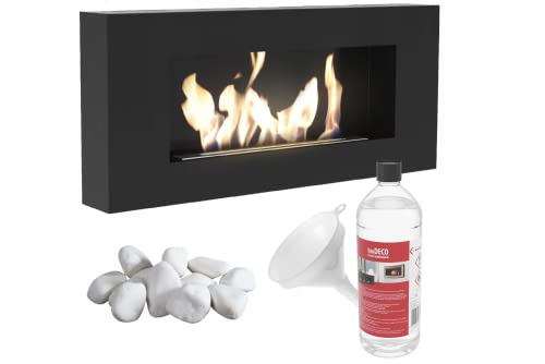 KRATKI Delta Flat Bio-Ethanol-Kamin + Kieselsteine 1 kg + Trichter + Biobrennstoff-Flüssigkeit 1 l + Biobrennstoff-Behälter | Biobehälter 0,4 l, TÜV | Stahl, 40 x 90 cm, Schwarz Matt von kratki