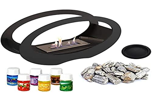 kratki Echo Bioethanol Kamin + Atomtherapie-Set + Kieselsteine ​​Freistehende ovale Feuerstelle mit Biobehälter 0,2 l TÜV-zertifizierter schwarz pulverbeschichteter Stahl 16,2 x 50 x 29,06 cm von kratki