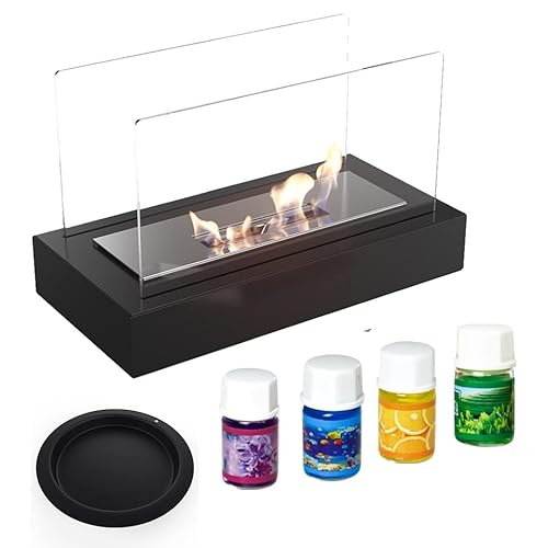 KRATKI Galina Bioethanol Kamin Schwarz + Aromaöle und Behälter Freistehender Tischkamin mit 2 Glasscheiben Biocontainer 0,3l, TÜV-zertifizierter, Gelkamin, Ethanol Kamin Outdoor fur Terrasse von kratki