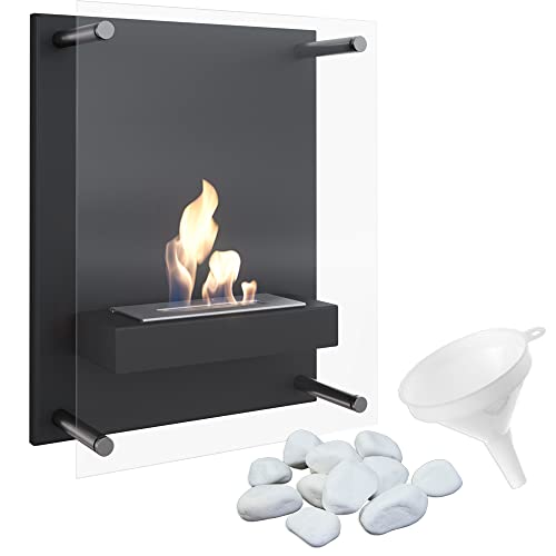 KRATKI Glas Bioethanol Kamin Wandfeuerstelle mit Verglasung Biocontainer 0,2 lTÜV-zertifizierter pulverbeschichteter Stahl 40 x 50 cm Schwarz Plus Einfülltrichter und Kieselsteine von kratki