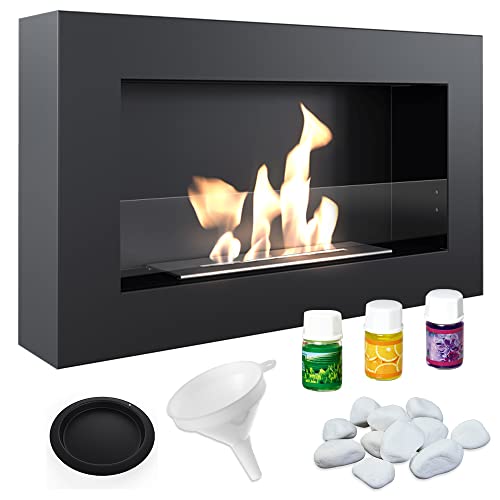 KRATKI Golf Flat Indoor Bioethanol Kamin + Kiesel + Trichter + Aromatherapie-Set Wand-Biocontainer 0,4 l TÜV-zertifizierter pulverbeschichteter Stahl mit Verglasung 37 x 64 cm von kratki