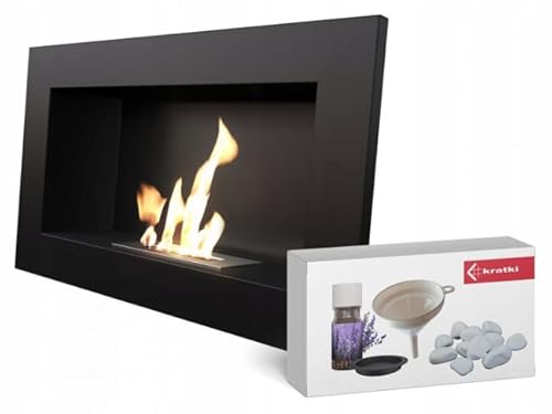 KRATKI Golf Indoor Bioethanol Kamin + Kiesel + Trichter + Aromatherapie-Set Wand-Biocontainer 0,2 l TÜV-zertifizierter pulverbeschichteter Stahl mit Verglasung 37 x 64 cm von kratki