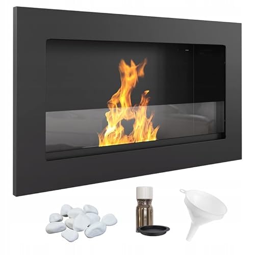 KRATKI Golf Indoor Bioethanol Kamin Wand-Biocontainer 0,2 l TÜV-zertifizierter schwarz pulverbeschichteter Stahl mit Glasscheibe 37 x 64 cm Plus Grüntee-Aromatherapie-Set von kratki