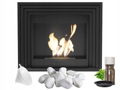 KRATKI Planet Bio Ethanol Portalkamin + Kieselsteine ​​+ Trichter + Aromatherapie-Set freistehender Biocontainer 0,75 l TÜV-geprüftes MDF-Gehäuse Stahleinsatz 98 x 115 cm schwarz von kratki