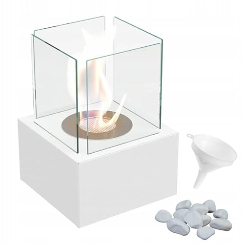 KRATKI Tango2 Bioethanol-Kamin + Kieselsteine ​​+ Trichter Freistehender Biobehälter 0,2 l TÜV-zertifizierter pulverbeschichteter Stahl und 4 Glasscheiben 35,3 x 25 cm weiß von kratki