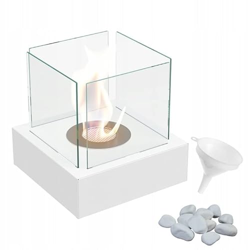 KRATKI Tango3 Bioethanol-Kamin + Kieselsteine ​​+ Einfülltrichter freistehender Biocontainer 0,2 l TÜV-zertifizierter pulverbeschichteter Stahl und 4 Glasscheiben 30,3 x 30 cm weiß von kratki