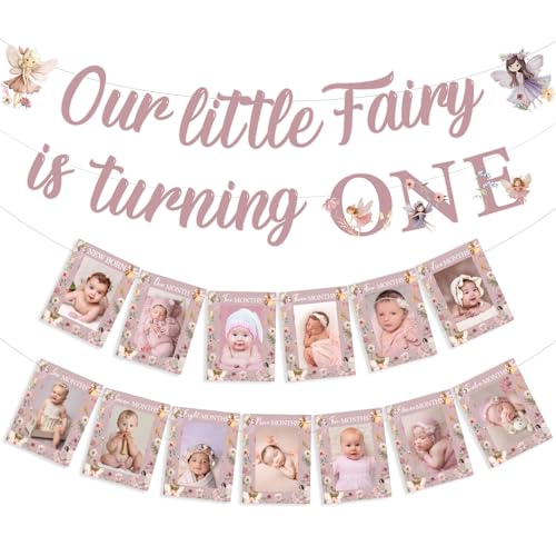 kreat4joy Fairy 1st Birthday Party Decoration Girl, Our Little Fairy is Turning One Banner Newborn to 12 Months Growth Record Photo Banner for Woodland Flower Princess 1st First Birthday Decoration von kreat4joy